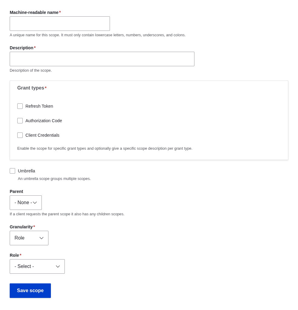 The Add scope form: machine-readable name, description, grant type checkboxes, and the field mapping the scope to a role