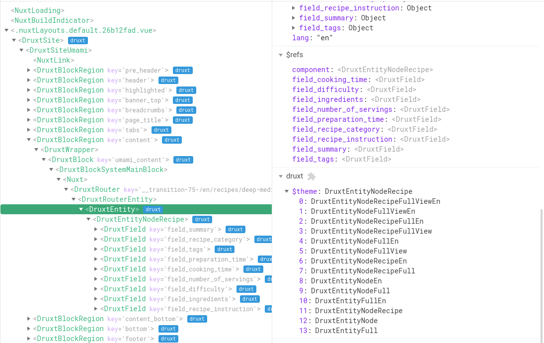 A recipe's DruxtEntity selected in the component tree above its DruxtField children, with the state pane's druxt section showing $theme resolved to DruxtEntityNodeRecipe above its ordered suggestion list